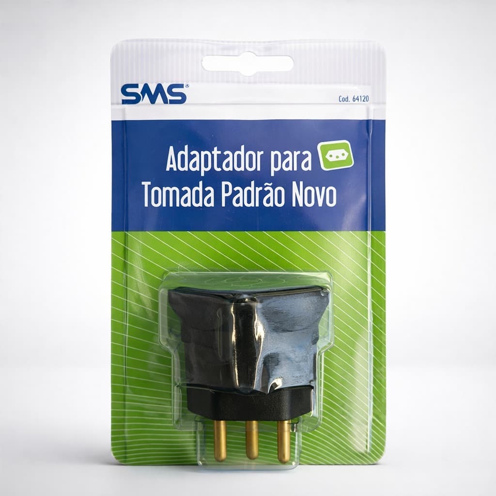 Adaptador para tomada padrão novo SMS em embalagem blister, em fundo claro