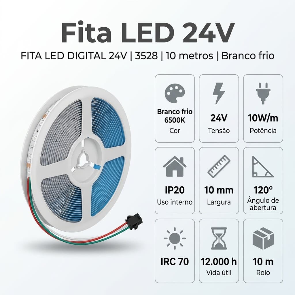 Fita LED digital 24V 3528 10 m branco frio 6500K IP20, em vista inclinada sobre fundo branco