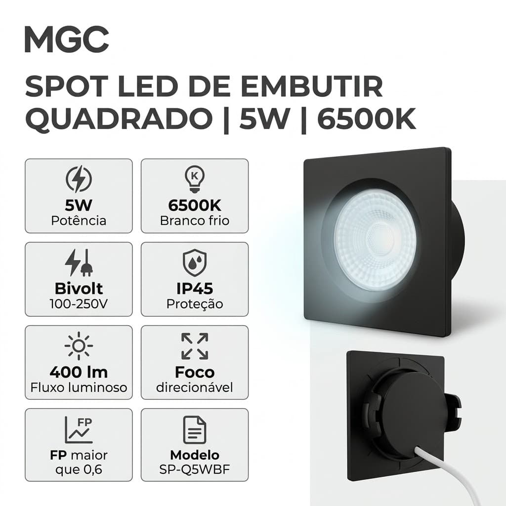 Spot LED de embutir quadrado preto 5W 6500K bivolt MGC, em vista inclinada sobre fundo branco
